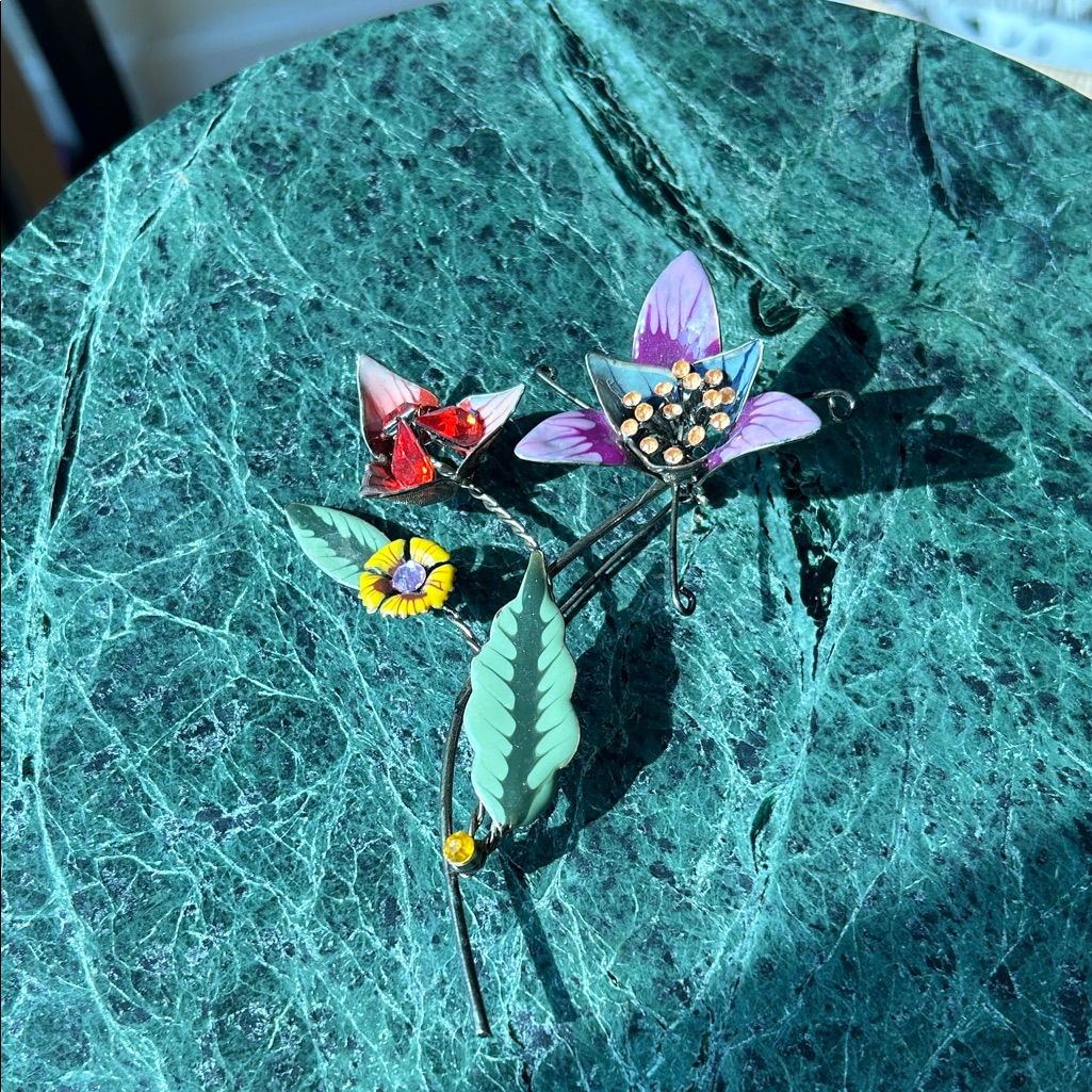 Oversized Floral Painted Metal Enamel Brooch With Red And Purple Accents